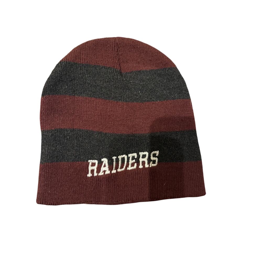 Gorpcore Cozy Warm Men's Maroon and Gray Striped "Raiders" embroidery beanie
